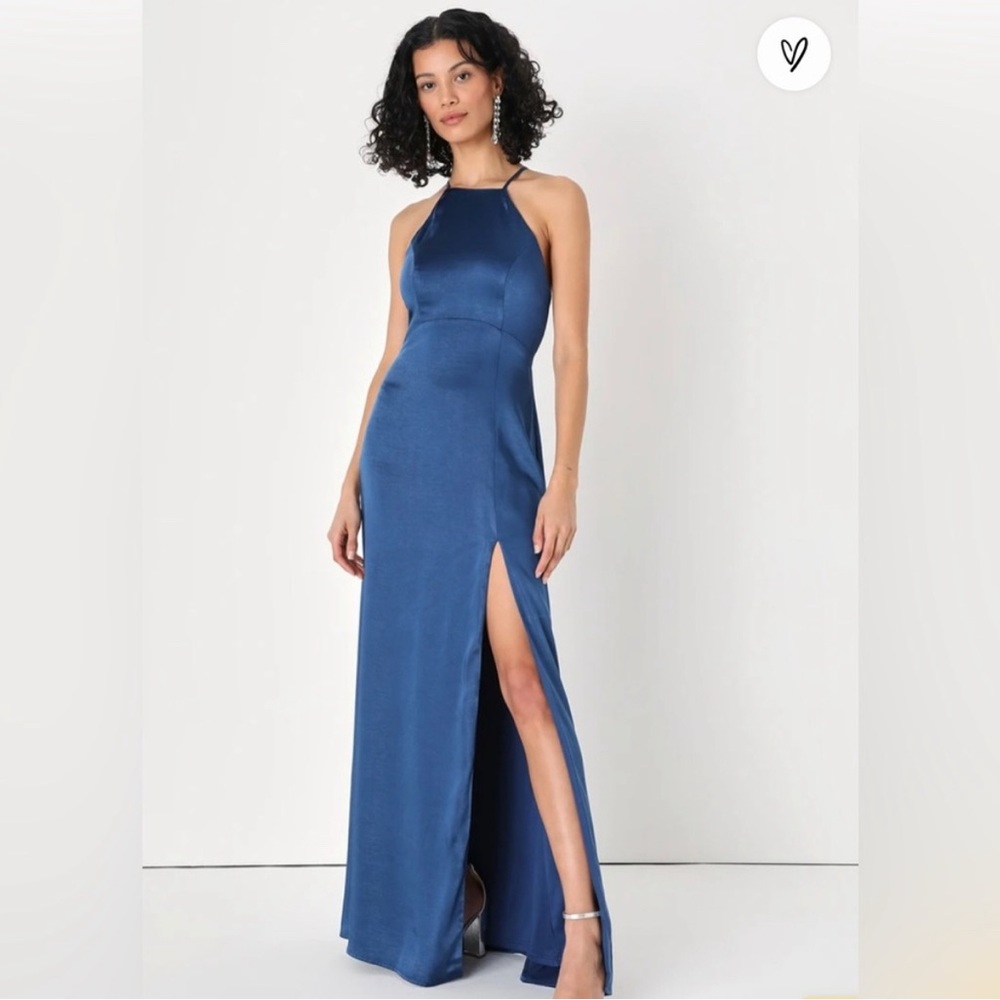 NWT Lulus Navy Blue Backless Maxi High Neck Dress size medium
